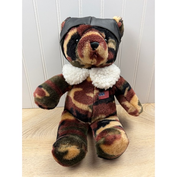 SKM Enterprises Other - SKM Enterprises Vintage Camo Teddy Bear Pilot Aviator Hat USA Flag Plush 12 Inch
